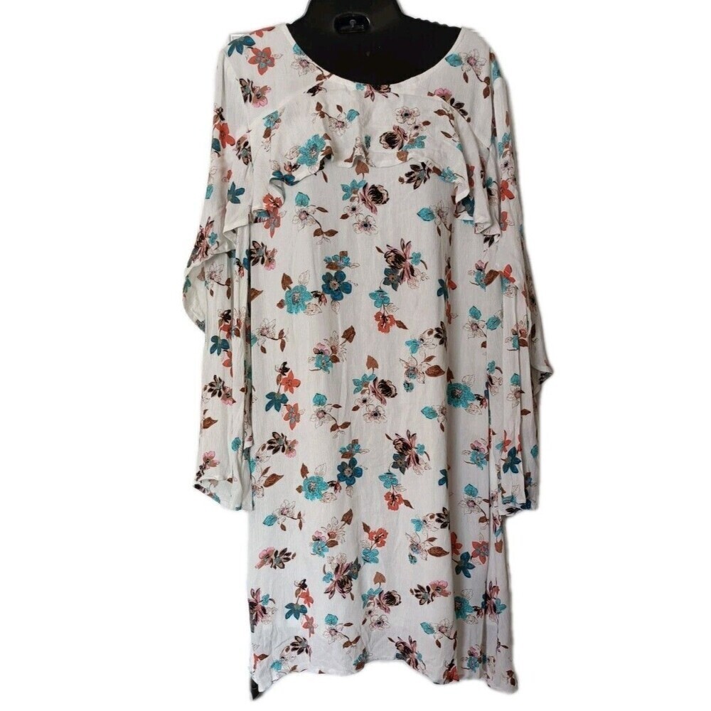 Stevie Hender Floral Dress Sz Medium Ruffled Bell Sleeve Knee Length Lagenlook
